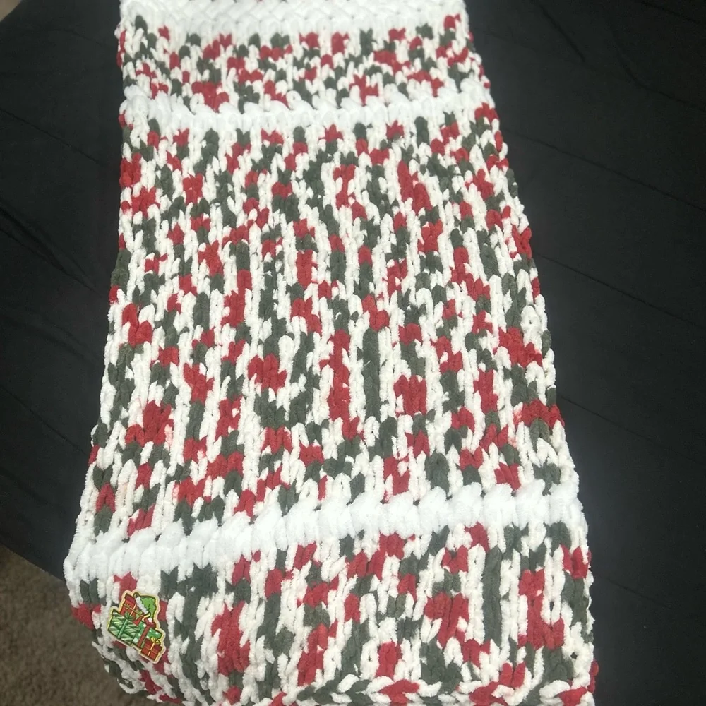 Handmade Cozy Holiday Knit Blanket - Red, Green, White